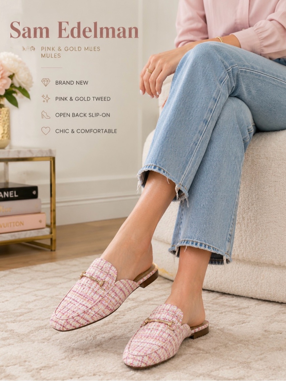 Sam Edelman Brand New Pink Gold Tweed Mules Loafers Slip On Shoes